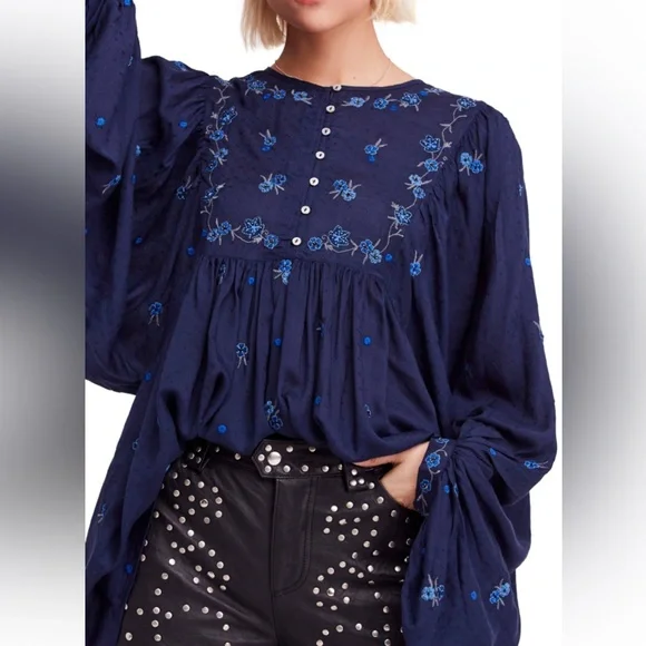 Free People Kiss From A Rose Long Sleeve Floral Embroidered Boho Blouse Small - Picture 3 of 12